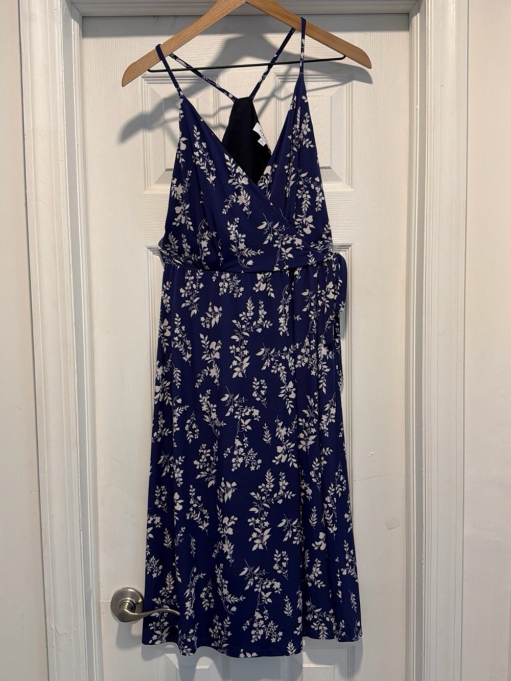 Gilli Navy Floral Wrap Midi Dress with Spaghetti Straps